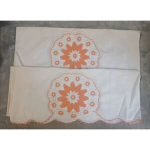 2 Vtg Pillowcases Handmade Crochet Embroidered Floral Lace Edge Peach Orange SEE
